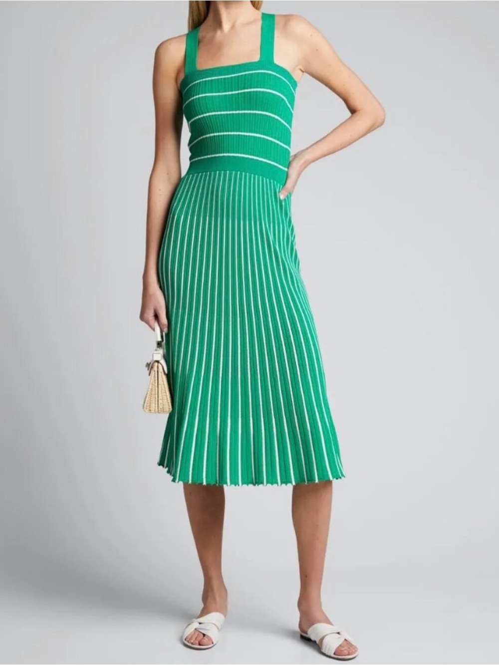 Alexis Barbara Bess Green White Stripe Knit Pleated Midi Dress Criss Cross XS